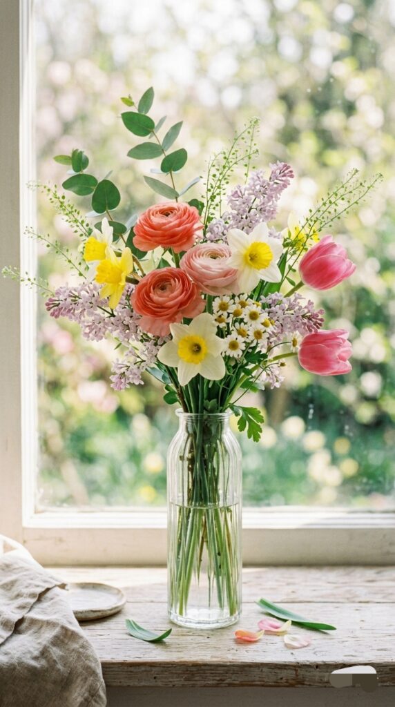 Bright spring flowers in a narrow vase
