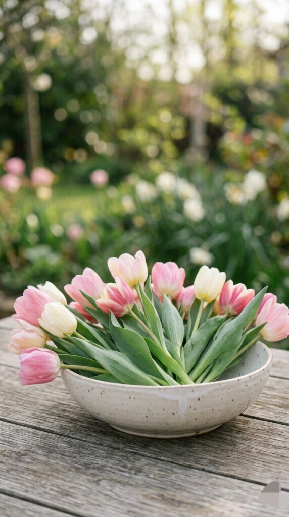 Tulips in a shallow bowl