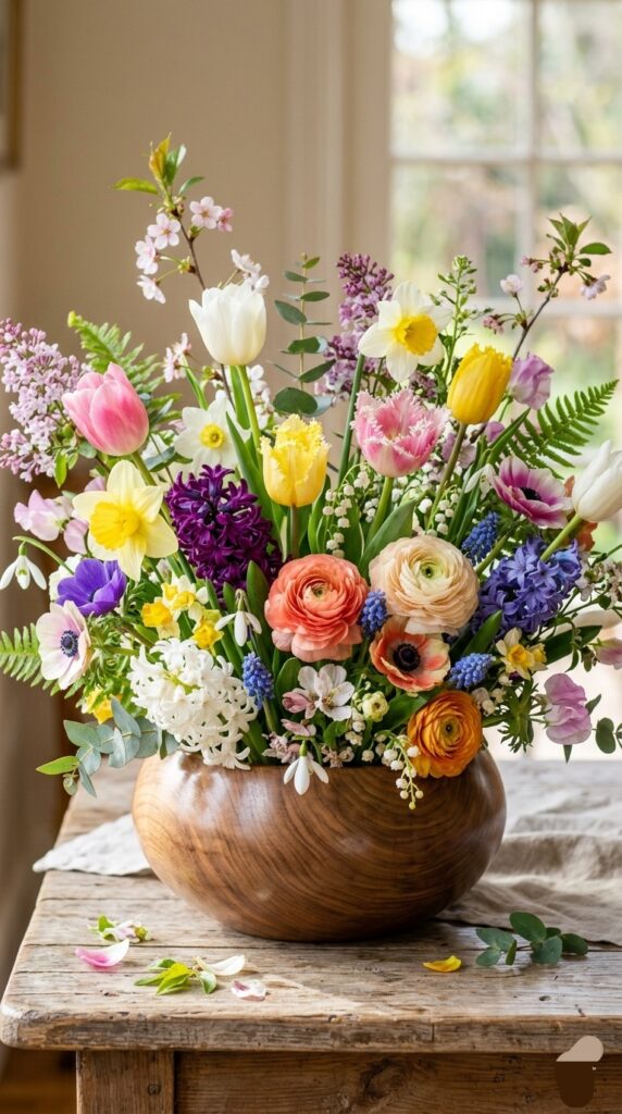 Mixed flowers in a wooden bowl