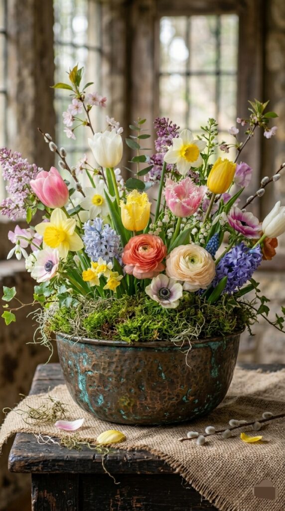Easter Flowers with moss in an ancient bowl 