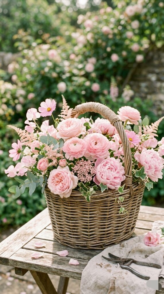 Pink Flowers in a vintage basket