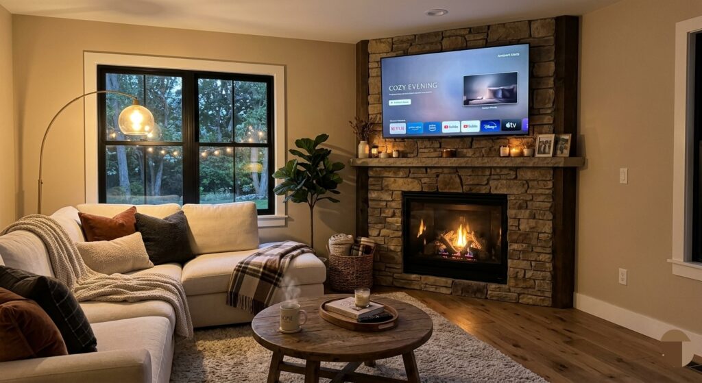 A Living Room With a Corner Fireplace and TV