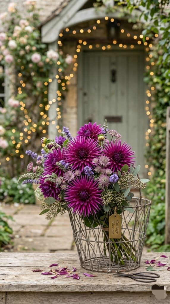 Fresh blooms in a metal basket