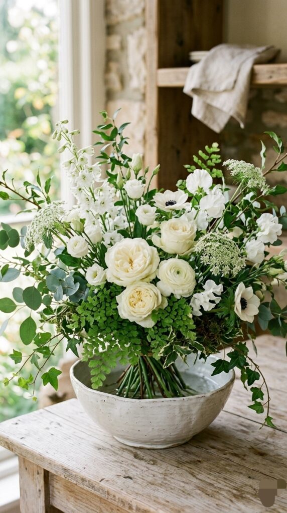 White Flowers with greenery in white bowl