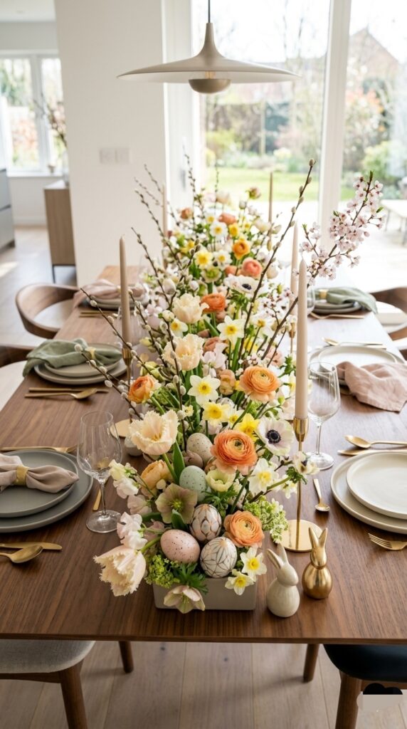 Long flowers arrangement for dining table