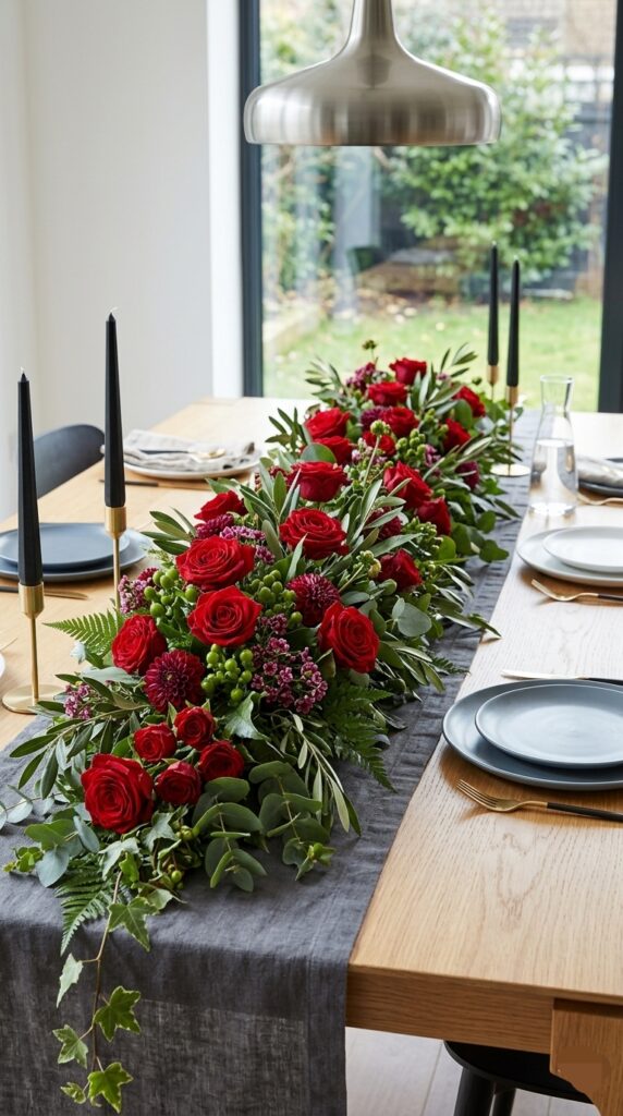 Flowers and greenery on a table runner