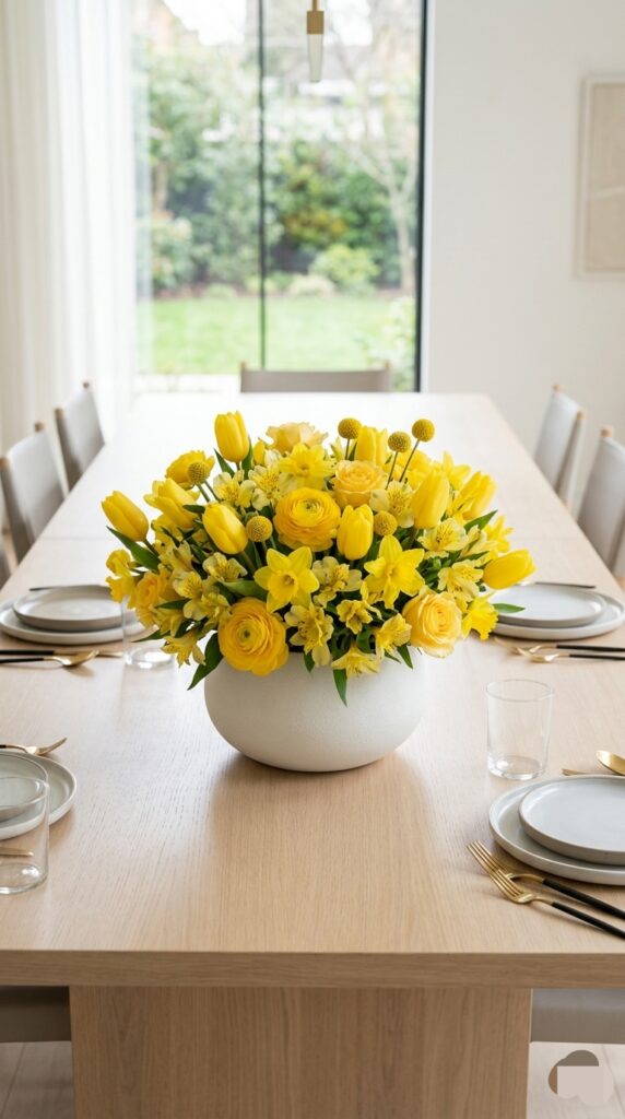 Round centerpiece with mixed spring blooms