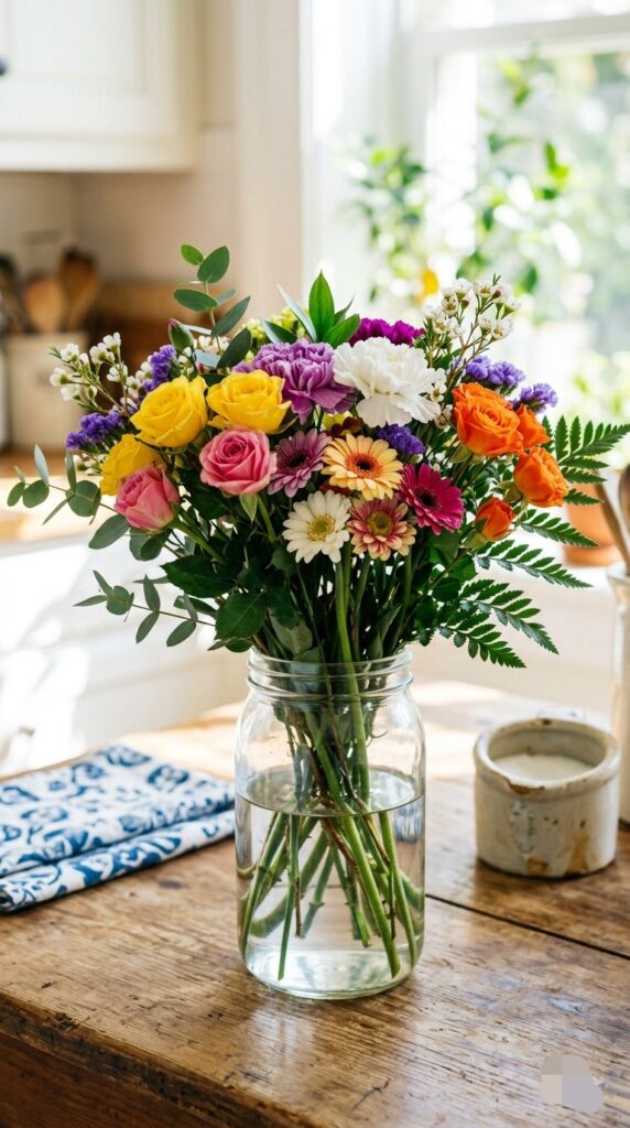 Grocery store flowers in a clear jar