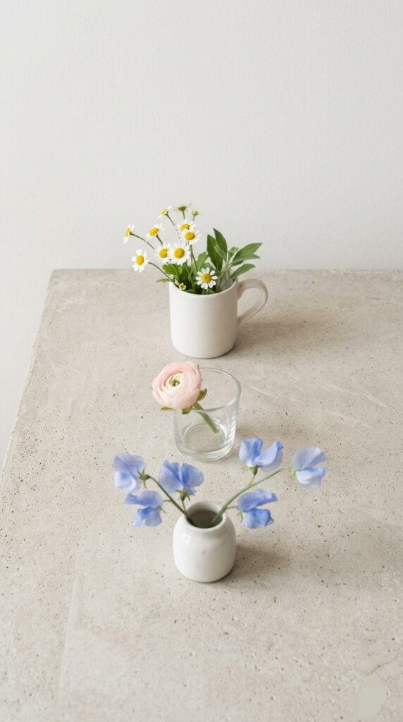Flowers cut short in a small cups