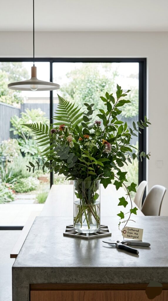 DIY arrangement with backyard greens