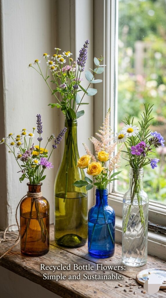 Small bouquet in recycled glass bottles
