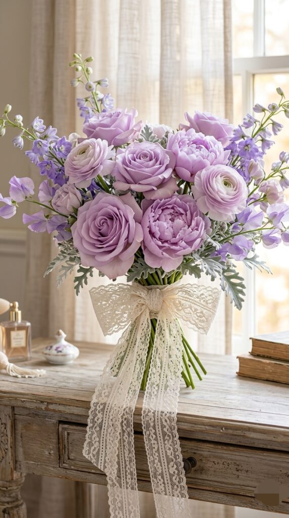 Pastel flowers with lace ribbon